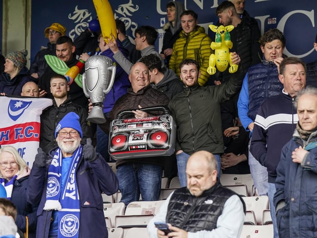 The Pompey promotion party was still going at Sincil Bank on Saturday