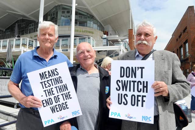 Steve Bonner from the Pompey Pensioners Association, right, was among those protesting outside the BBC office in Gunwharf Quays in 2019 over the abolition of free TV licences for all over-75s Picture: Sarah Standing (210619-1378)
