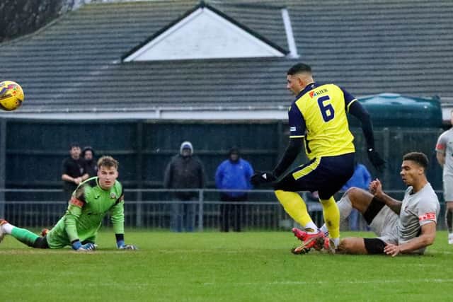 Matt Briggs can't force the rebound in after Walton keeper Jacob Adams had saved a Mason Walsh shot. Picture: Chris Moorhouse