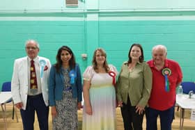Fareham And Waterlooville Constituency Candidate Election Hustings at Knowle Village Hall, L To R, Kevan Chippindall Higgin, Suella Braverman, Gemma Furnivall, Bella Hewitt, Edward Dean