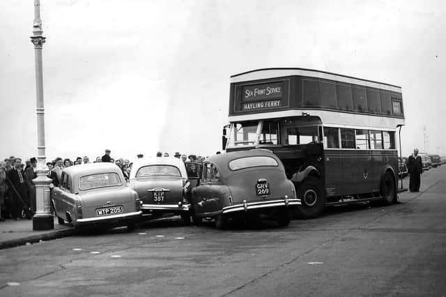 These three cars came to grief in 1957 along Eastney Esplanade. Picture: Colin Hull collection.
