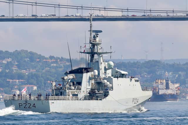 HMS Trent pictured returning to the Black Sea on Monday, June 28, just days after a clash between Russian forces and Portsmouth-based destroyer, HMS Defender. Photo: Yörük Işık
