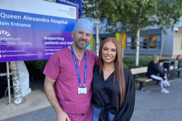 Demi Jones with her doctor Costa Repanos, consultant ENT and head and neck thyroid surgeon at Portsmouth Hospitals University NHS Trust, outside Queen Alexandra Hospital in Cosham.