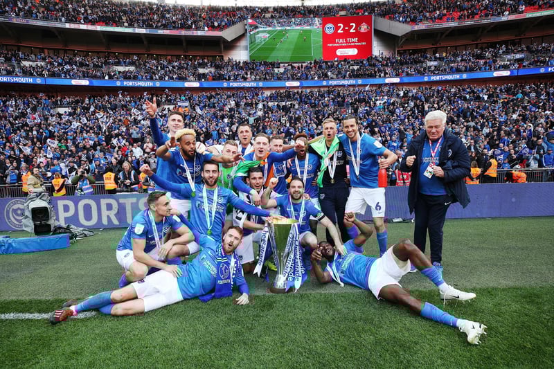 Pompey celebrate winning the Checkatrade Trophy in March 2019. Picture: Joe Pepler