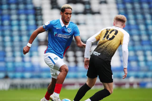 Haji Mnoga made his first League One start in November 2020, for the visit of Crewe to Fratton Park. Picture: Joe Pepler