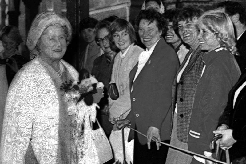 The Queen Mother at Portsmouth Naval Base about to board the Royal Yacht Britannia in 1980