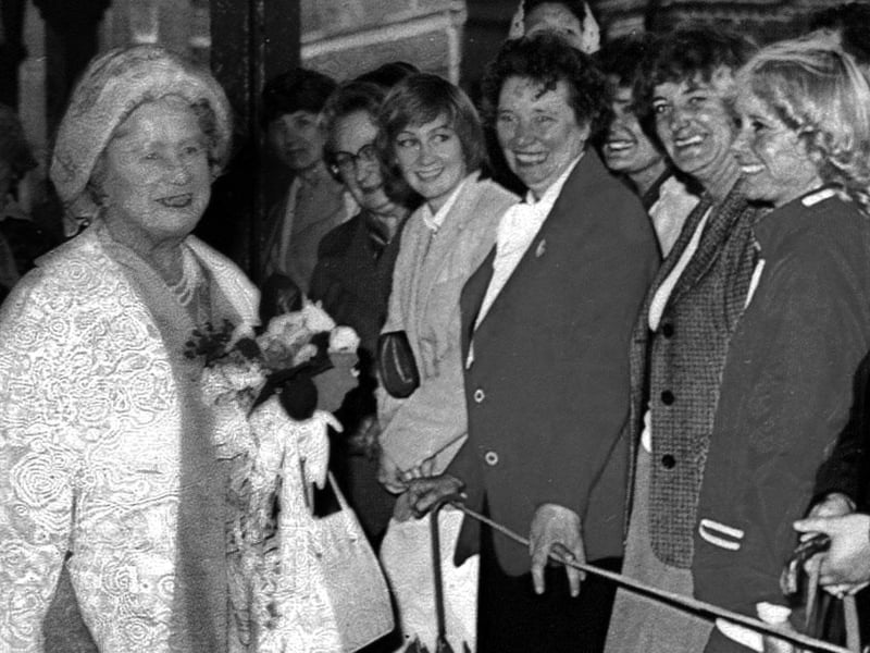 The Queen Mother at Portsmouth Naval Base about to board the Royal Yacht Britannia in 1980