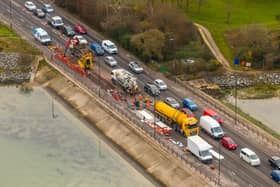 Drone photograph of traffic on Eastern Road while repairs took place during a similar incident last month. Picture: Marcin Jedrysiak