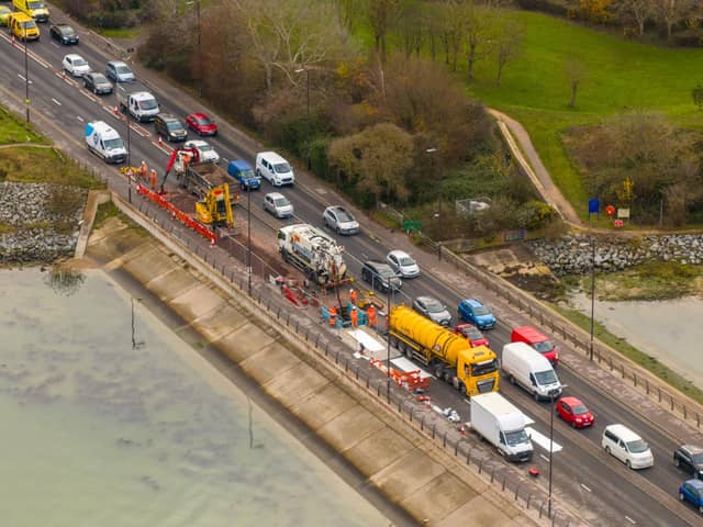 Drone photograph of traffic on Eastern Road while repairs took place during a similar incident last month. Picture: Marcin Jedrysiak