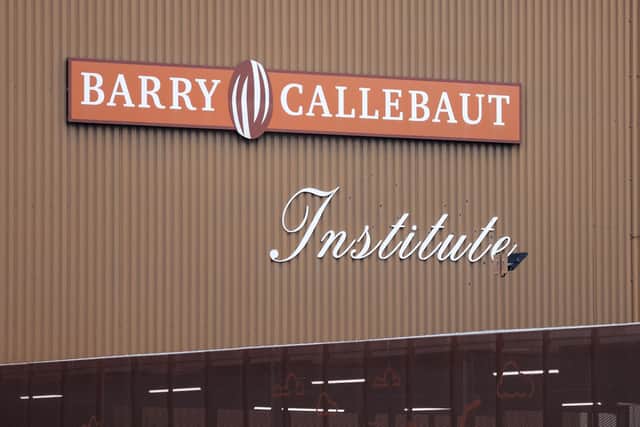 The logo of Barry Callebaut on the production site premises in Wieze, near Brussels. Picture: KENZO TRIBOUILLARD/AFP via Getty Images.