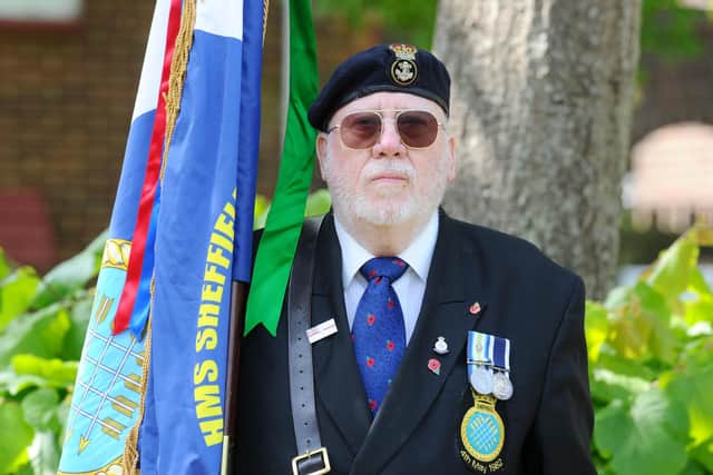 Ex Royal Navy Guy Wilson from Paulsgrove, held a live stream of a service to commemorate the anniversary of the sinking of HMS Sheffield, on Monday, May 4, outside his home in Paulsgrove.
Picture: Sarah Standing (040520-1311)
