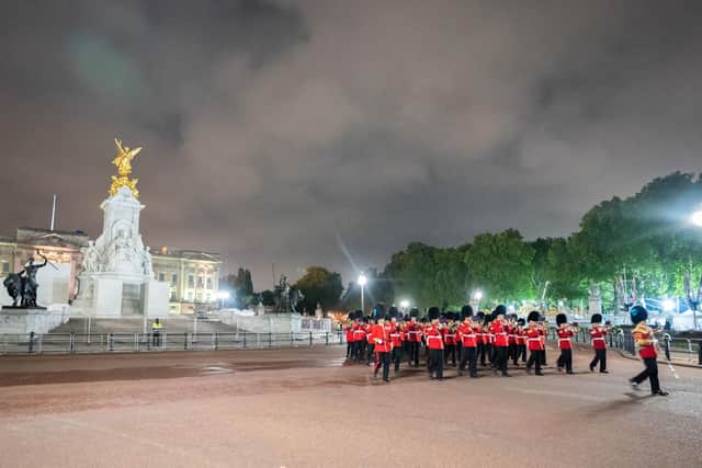 An early morning rehearsal for the procession of Queen Elizabeth's coffin from Buckingham Palace to Westmister Hall, London, where it will lie in state until her funeral on Monday. Picture date: Tuesday September 13, 2022.