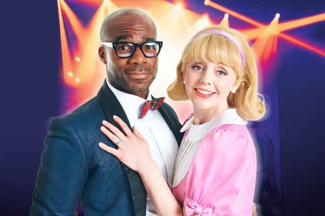 Ore Oduba stars as Brad with Haley Flaherty as Janet in The Rocky Horror Show at Mayflower Theatre. Picture by Shaun Webb