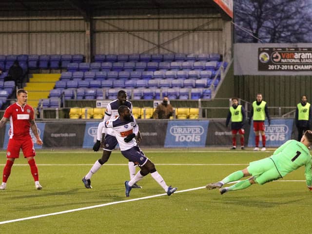 Bedsente Gomis restores Hawks' lead against Hungerford. Picture: Chris Moorhouse