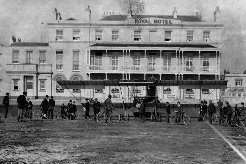 The Bristol biplane outside the Royal Hotel, Hayling Island, in October 1911. Picture: Courtesy of Mick O'Farrell