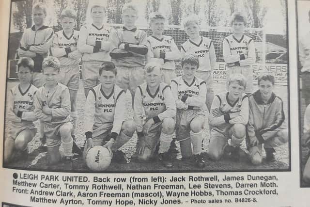 Leigh Park United (age unknown), 1988. Back (from left): Jack Rothwell, James Dunegan, Matthew Carter, Tommy Rothwell, Nathan Freeman, Lee Stevens, Darren Moth. Front: Andrew Clark, Aaron Freeman (mascot), Wayne Hobbs, Thomas Crockford, Matthew Ayton, Tommy Hope, Nicky Jones.