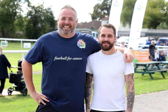 Friends Fighting Cancer are putting on a charity football event against the celebs from Hollyoaks who will be having their match at Fleetlands FC. They are raising money for cancer.
Pictured is (L-R) Daniel Swan and Rich Bessey.