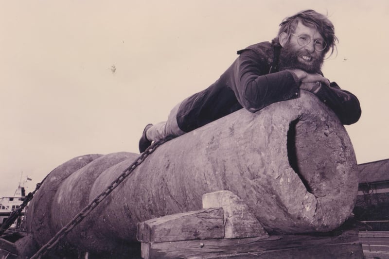 Nicholas Hall, Curator of the Artillery Fort Nelson, views the 38 ton, 1870s gun at the Wight Link Ferry after having transported it from Fort Albert, 1993. The News PP5721