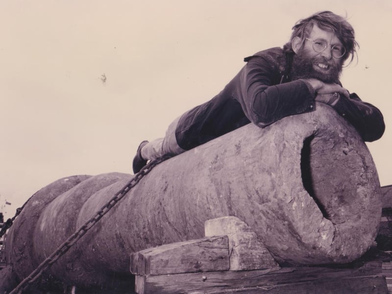 Nicholas Hall, Curator of the Artillery Fort Nelson, views the 38 ton, 1870s gun at the Wight Link Ferry after having transported it from Fort Albert, 1993. The News PP5721