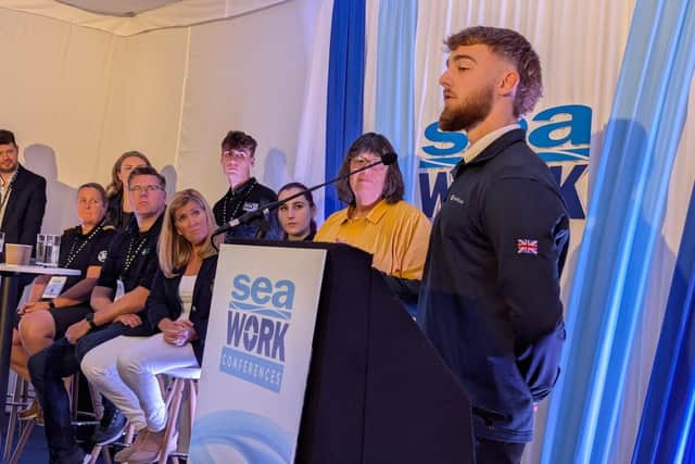 Shea Wallace, Deck Officer Cadet, Maritime London / Warsash, speaking at the Seawork careers event.