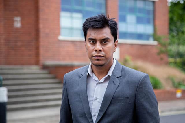 Azizul Rayhan got stuck in a lift at Victory Business Centre, Portsmouth for seven hours on July 17. He said it was a horrifying experience, and his mental health has been severely impacted by the ordeal. Pictured: Azizul Rayhan pictured outside Victory Business Centre, Portsmouth on July 26. Picture: Habibur Rahman.