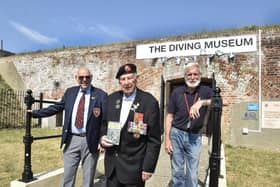 Pictured is: (l-r) Mike O'Meara, chairman of the Historical Diving Society, John 'Jack' Quinn, D Day veteran and John Dadd BEM, former Royal Navy clearance diver and instructor.