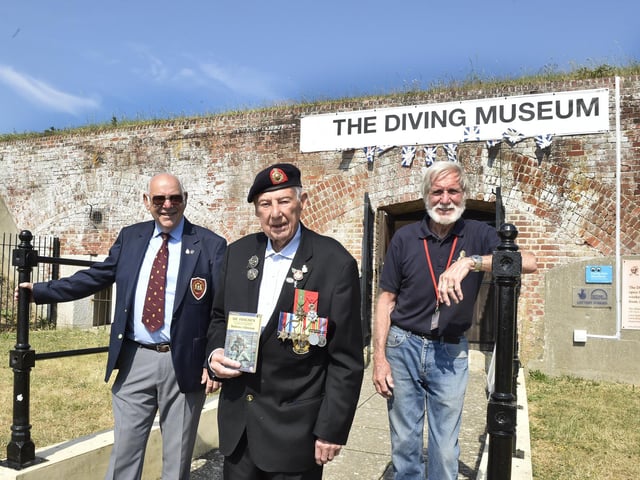 Pictured is: (l-r) Mike O'Meara, chairman of the Historical Diving Society, John 'Jack' Quinn, D Day veteran and John Dadd BEM, former Royal Navy clearance diver and instructor.