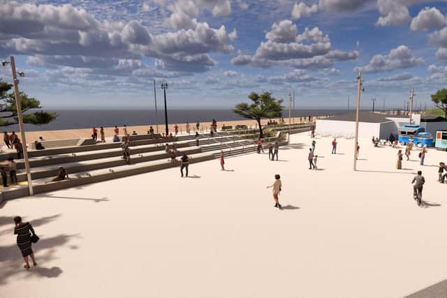 A CGI of the planned new seafront area between the Pyramids Centre and South Parade Pier. Credit: Coastal Partners