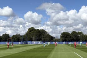 Pompey in action in their below-closed-doors match against Crawley. John Mousinho's men won 1-0.