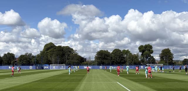 Pompey in action in their below-closed-doors match against Crawley. John Mousinho's men won 1-0.