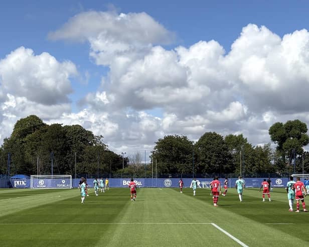 Pompey in action in their below-closed-doors match against Crawley. John Mousinho's men won 1-0.
