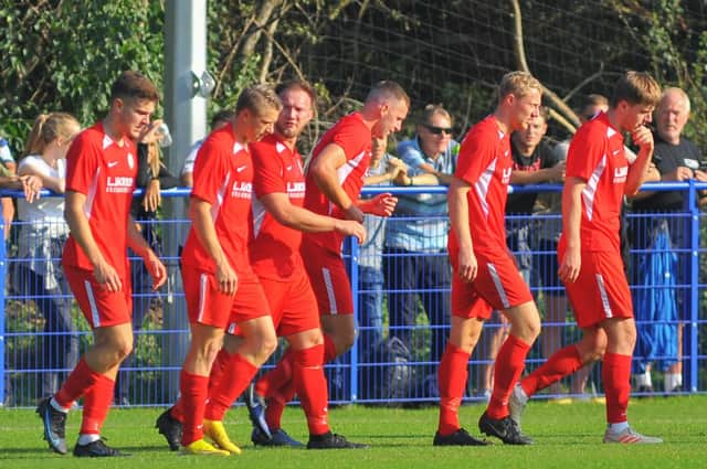 Horndean celebrate a goal in the win at Baffins Milton Rovers. Picture: Martyn White
