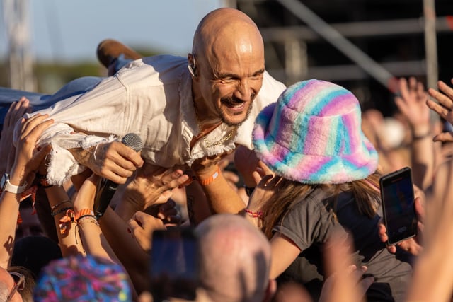 James's frontman Tim Booth  went crowdsurfing at Victorious 

Picture:  Alex Shute