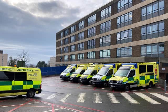 Ambulances parked up outside the Accident and Emergency department at the Queen Alexandra Hospital in Cosham, Portsmouth. Picture: Andrew Matthews/PA Wire