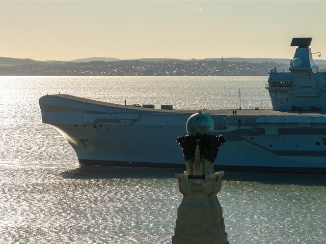 HMS Prince of Wales sailing out of Portsmouth as she heads for a huge Nato deployment in the North Sea. Picture: Michael Woods - Solent Sky Services.