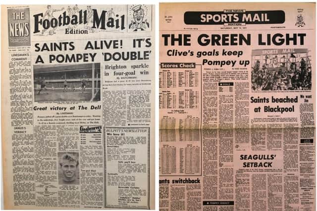 Left - Southampton 2 Pompey 3, Division 2, February 1964 - the last time Pompey completed a league double over their arch rivals. Right - Pompey 3 York City 1, Division 3, May 1977 - two goals from Clive Green help preserve Pompey's third tier status in what was Jimmy Dickinson's first home game as manager.