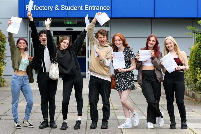 From left, Sophia Beattie, Brandon Enerson, Freya-Mae Purdy, Billy Lawton, Tyla-Jade Evans, Cheyenne Crisp and Nyah Gardner. A-level results day at St Vincent College, Gosport
Picture: Chris Moorhouse (jpns 170823-08)
