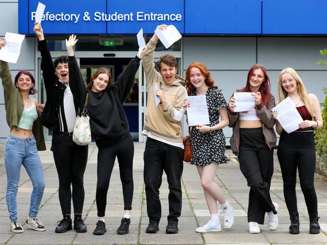 From left, Sophia Beattie, Brandon Enerson, Freya-Mae Purdy, Billy Lawton, Tyla-Jade Evans, Cheyenne Crisp and Nyah Gardner. A-level results day at St Vincent College, Gosport
Picture: Chris Moorhouse (jpns 170823-08)