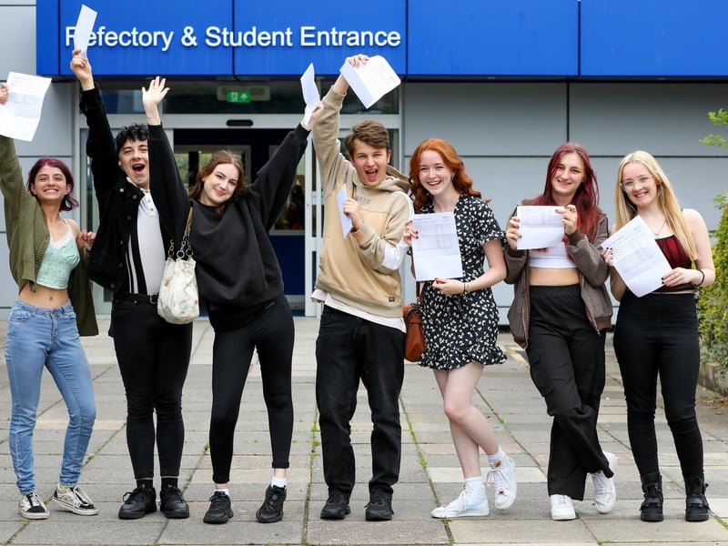 From left, Sophia Beattie, Brandon Enerson, Freya-Mae Purdy, Billy Lawton, Tyla-Jade Evans, Cheyenne Crisp and Nyah Gardner. A-level results day at St Vincent College, Gosport
Picture: Chris Moorhouse (jpns 170823-08)