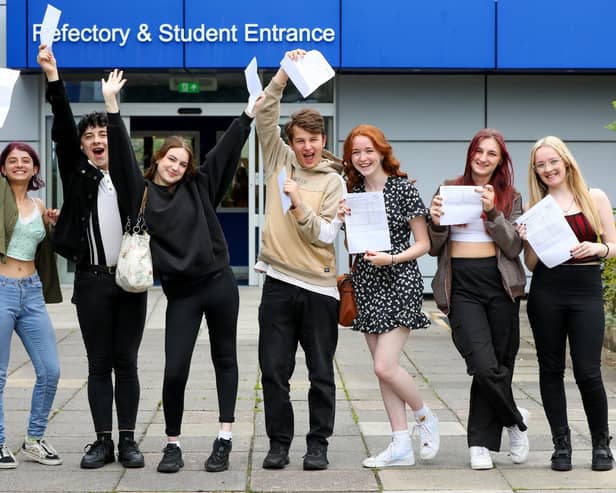 From left, Sophia Beattie, Brandon Enerson, Freya-Mae Purdy, Billy Lawton, Tyla-Jade Evans, Cheyenne Crisp and Nyah Gardner. A-level results day at St Vincent College, Gosport
Picture: Chris Moorhouse (jpns 170823-08)