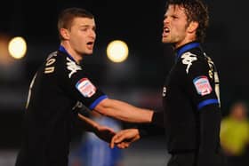 Carl Dickinson with Pompey team-mate Herman Hreidarsson against Brighton in January 2011. The on-loan Stoke defender had two Fratton Park loan spells. Picture: Mike Hewitt/Getty Images