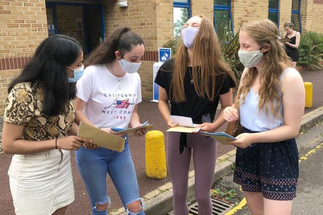 High-fliers at Oaklands Catholic School open up their results. Pictured is: (left to right) Anina Sebastian, Cally Wellbelove, Laura Vahey and Eleanor Andrew, all 18.