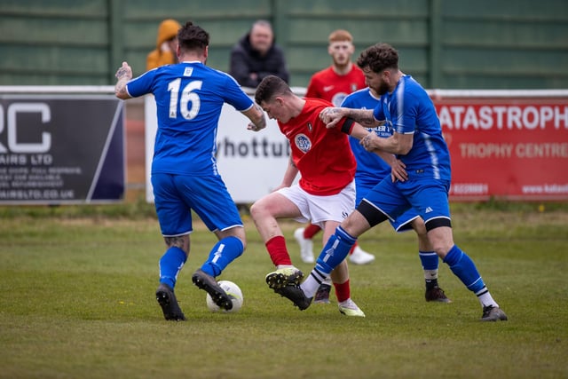 Action from Gosport Town's 4-0 victory over Lee Rangers (blue kit) in the Portsmouth & District FA Trophy final at Cams Alders. Picture: Alex Shute