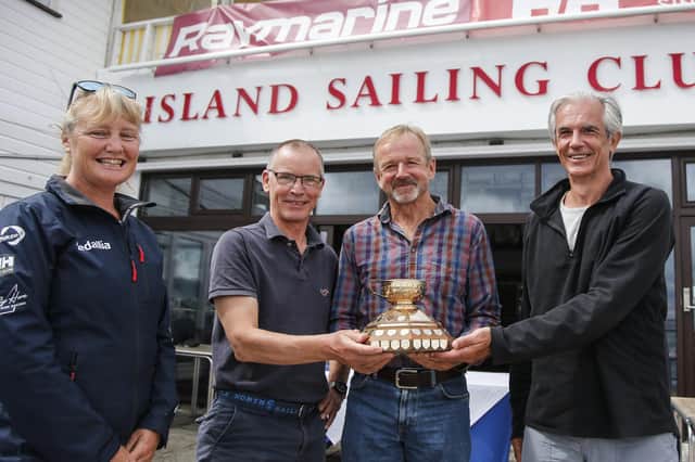 Pip Hare, who competed in the 2020/21 Vendee Globe around the world race, with Gold Roman Bowl winners Eeyore at the Island Sailing Club in Cowes.
Picture:  Paul Wyeth