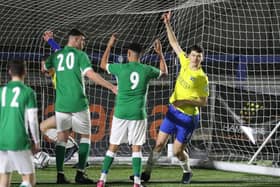 Joe Warren celebrates after getting the first goal in Hawks' win over Moneyfields under-18s Picture: Dave Haines
