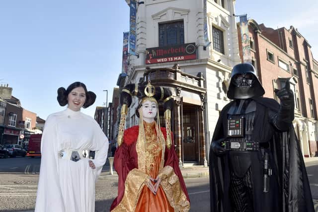 Pictured is: (l-r) Emily Baron as Princess Leia, Kennedy Kirby as Padme Amidala and Lee Richards as Darth Vader from The Joker Squad. 
Picture: Sarah Standing (160124-4971)