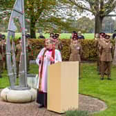 The Reverend Andrew Sheard (Rector of Warblington and Emsworth) at the Emsworth remembrance service with members of the 16 Regiment Royal Artillery from Thorney Island. Picture: Mike Cooter (111121)