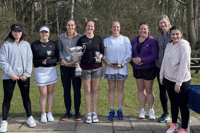 Ladies Solent Cup players (from left Roisin Mullins (Winchester), Helen Thorpe (W), Zoe Leach (W), Debbie Hale (W), Katica Robertson (Chichester), Louise Knight (C), Gilly Stuart Smith (C), Nadine Doutre (C)