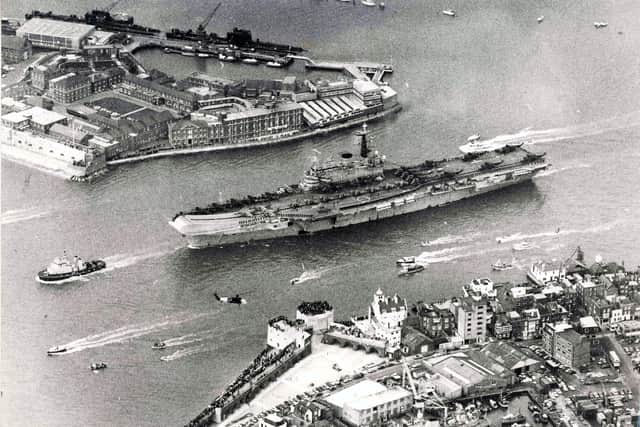 HMS Hermes leaving Portsmouth for the Falklands in 1982.