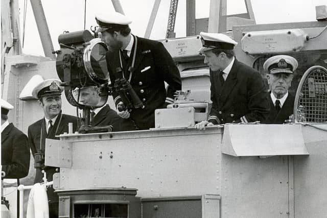 Lord Mountbatten watches as Prince Charles brings his minehunter HMS Bronington alongside at HMS Vernon, Portsmouth,